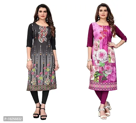 GROWMORE Women's Crepe Digital Print Straight Kurta(Pack of 2) (S, Black  Purple)