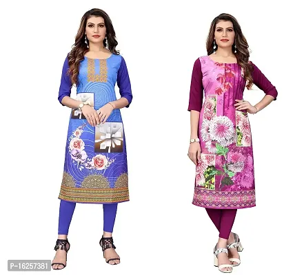 GROWMORE Women's Crepe Digital Print Straight Kurta(Pack of 2) (M, Blue  Purple)-thumb0