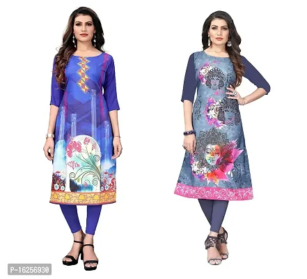 GROWMORE Women's Crepe Digital Print Straight Kurta(Pack of 2) (M, Blue  SIATE Grey)