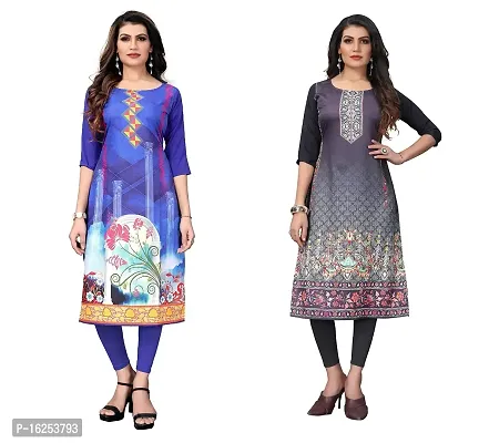 GROWMORE Women's Crepe Digital Print Straight Kurta(Pack of 2) (XXL, Blue  Silver Black)