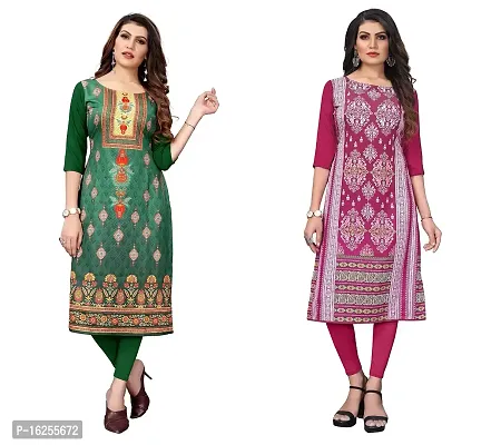 GROWMORE Women's Crepe Digital Print Straight Kurta(Pack of 2) (XXL, Green  DEEP Pink)