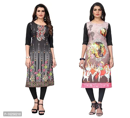 GROWMORE Women's Crepe Digital Print Straight Kurta(Pack of 2) (L, Black  Cream)-thumb0