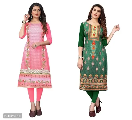 GROWMORE Women's Crepe Digital Print Straight Kurta(Pack of 2) (M, PEAC  Green)