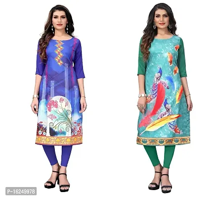 GROWMORE Women's Crepe Digital Print Straight Kurta(Pack of 2) (L, Blue  Spring Green)-thumb0