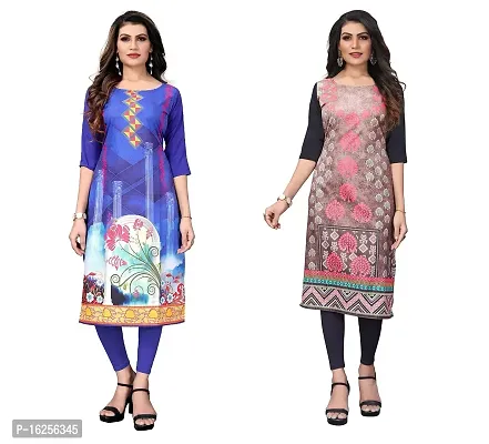 GROWMORE Women's Crepe Digital Print Straight Kurta(Pack of 2) (M, Blue  Light Salmon)-thumb0