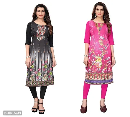 GROWMORE Women's Crepe Digital Print Straight Kurta(Pack of 2) (S, Black  HOT Pink)-thumb0