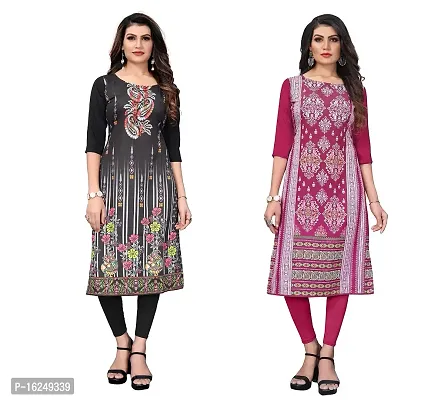 GROWMORE Women's Crepe Digital Print Straight Kurta(Pack of 2) (XL, Black  DEEP Pink)-thumb0