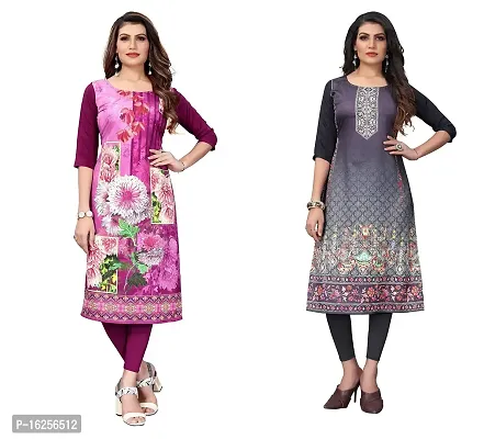 GROWMORE Women's Crepe Digital Print Straight Kurta(Pack of 2) (S, Purple  Silver Black)-thumb0