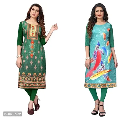 GROWMORE Women's Crepe Digital Print Straight Kurta(Pack of 2) (L, Green  Dark Green)