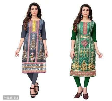 GROWMORE Women's Crepe Digital Print Straight Kurta(Pack of 2) (M, Grey  Forest Green)-thumb0