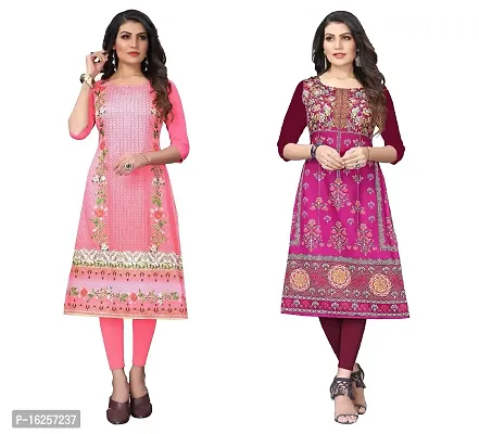 GROWMORE Women's Crepe Digital Print Straight Kurta(Pack of 2) (L, Peach  Medium RED)-thumb0