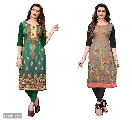 GROWMORE Women's Crepe Digital Print Straight Kurta(Pack of 2) (XL, Green  Brown)