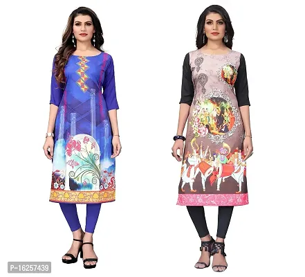 GROWMORE Women's Crepe Digital Print Straight Kurta(Pack of 2) (M, Blue  Bisque Cream)