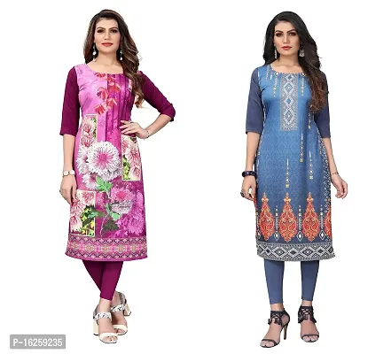 GROWMORE Women's Crepe Digital Print Straight Kurta(Pack of 2) (XL, Purple  Blue Grey)-thumb0