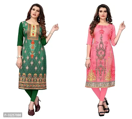 GROWMORE Women's Crepe Digital Print Straight Kurta(Pack of 2) (XL, Green  Coral Pink)-thumb0