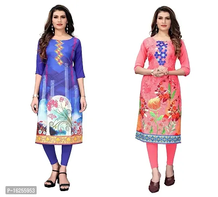 GROWMORE Women's Crepe Digital Print Straight Kurta(Pack of 2) (L, Blue  Peach)