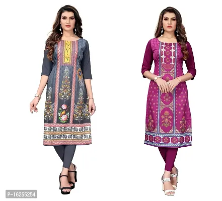 GROWMORE Women's Crepe Digital Print Straight Kurta(Pack of 2) (M, Grey  Dark Purple)-thumb0