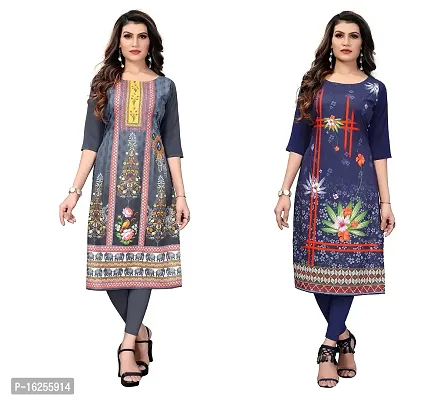 GROWMORE Women's Crepe Digital Print Straight Kurta(Pack of 2) (M, Grey  Dark Blue)