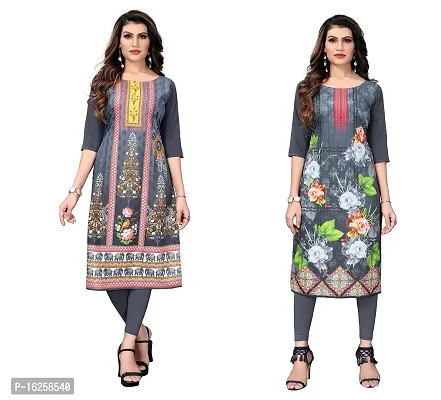 GROWMORE Women's Crepe Digital Print Straight Kurta(Pack of 2) (S, Grey  Light Grey)-thumb0