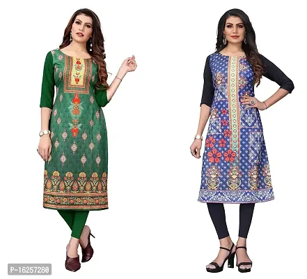 GROWMORE Women's Crepe Digital Print Straight Kurta(Pack of 2) (S, Green  Stee Blue)