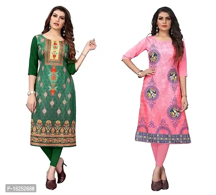 GROWMORE Women's Crepe Digital Print Straight Kurta(Pack of 2) (XXL, Green  Tomato Pink)-thumb0