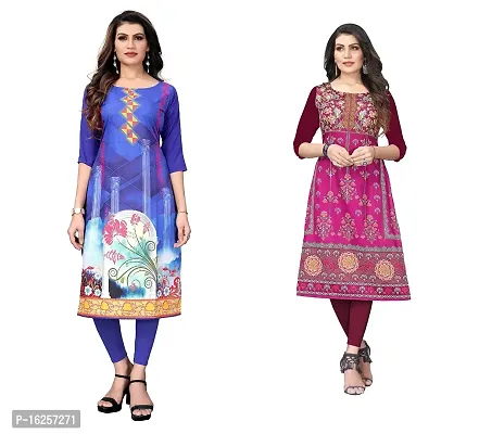 GROWMORE Women's Crepe Digital Print Straight Kurta(Pack of 2) (XL, Blue  Medium RED)-thumb0