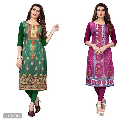 GROWMORE Women's Crepe Digital Print Straight Kurta(Pack of 2) (M, Green  Dark Purple)