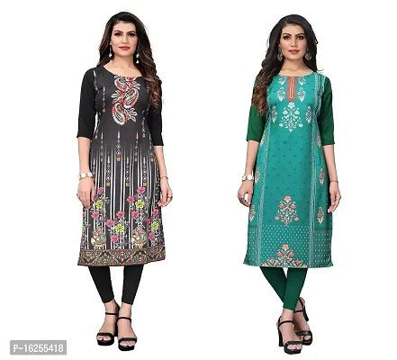 GROWMORE Women's Crepe Digital Print Straight Kurta(Pack of 2) (L, Black  SEA Green)-thumb0