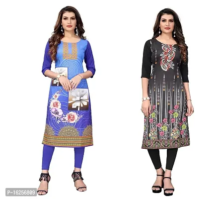 GROWMORE Women's Crepe Digital Print Straight Kurta(Pack of 2) (L, Blue  Black)-thumb0