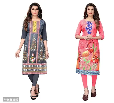 GROWMORE Women's Crepe Digital Print Straight Kurta(Pack of 2) (XXL, Grey  Peach)-thumb0