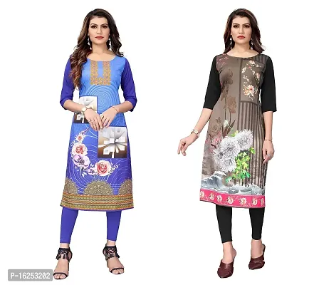 GROWMORE Women's Crepe Digital Print Straight Kurta(Pack of 2) (S, Blue  White Black)