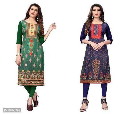 GROWMORE Women's Crepe Digital Print Straight Kurta(Pack of 2) (XL, Green  Blue)-thumb0