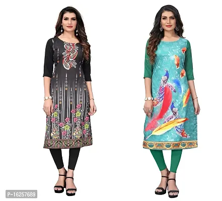 GROWMORE Women's Crepe Digital Print Straight Kurta(Pack of 2) (L, Black  Spring Green)-thumb0