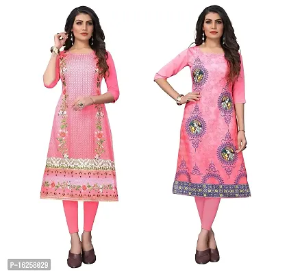 GROWMORE Women's Crepe Digital Print Straight Kurta(Pack of 2) (L, Peach  Tomato Pink)-thumb0