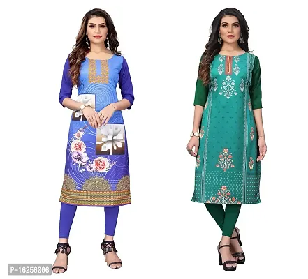 GROWMORE Women's Crepe Digital Print Straight Kurta(Pack of 2) (XXL, Blue  SEA Green)-thumb0