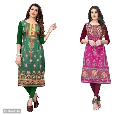 GROWMORE Women's Crepe Digital Print Straight Kurta(Pack of 2) (M, Green  Medium RED)-thumb0