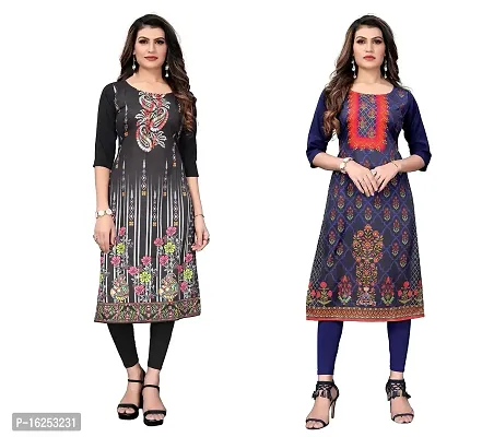 GROWMORE Women's Crepe Digital Print Straight Kurta(Pack of 2) (S, Black  Indigo Blue)-thumb0