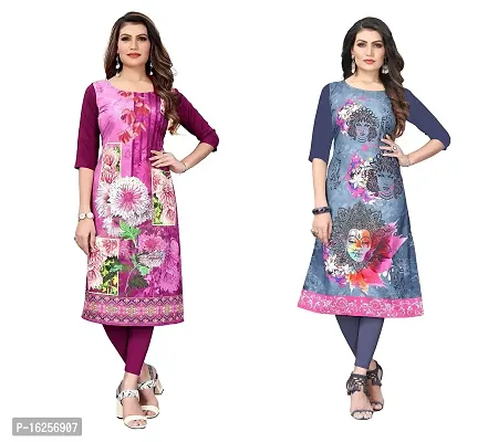 GROWMORE Women's Crepe Digital Print Straight Kurta(Pack of 2) (S, Purple  Slate Grey)-thumb0