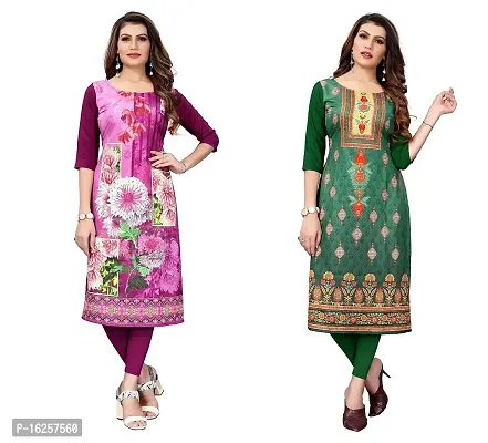 GROWMORE Women's Crepe Digital Print Straight Kurta(Pack of 2) (L, Purple  Green)-thumb0