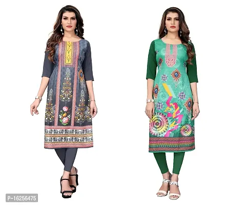 GROWMORE Women's Crepe Digital Print Straight Kurta(Pack of 2) (XL, Grey  Dark Green)