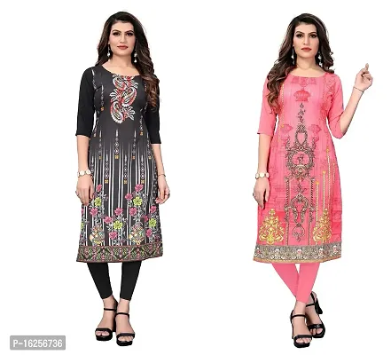 GROWMORE Women's Crepe Digital Print Straight Kurta(Pack of 2) (XXL, Black  Coral Pink)-thumb0