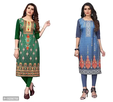 GROWMORE Women's Crepe Digital Print Straight Kurta(Pack of 2) (XL, Green  Blue Grey)