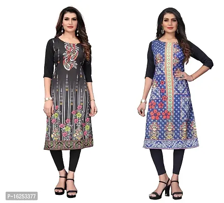 GROWMORE Women's Crepe Digital Print Straight Kurta(Pack of 2) (XXL, Black  Stee Blue)-thumb0