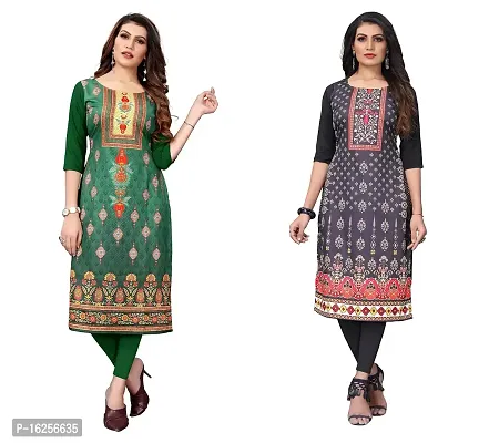 GROWMORE Women's Crepe Digital Print Straight Kurta(Pack of 2) (L, Green  RED Black)-thumb0