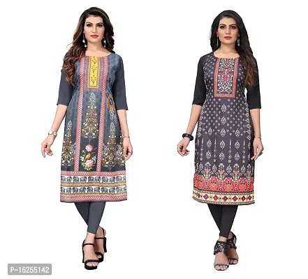 GROWMORE Women's Crepe Digital Print Straight Kurta(Pack of 2) (L, Grey  RED Black)-thumb0