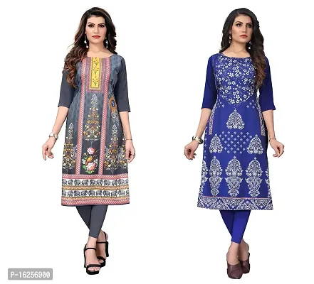 GROWMORE Women's Crepe Digital Print Straight Kurta(Pack of 2) (XXL, Grey  Blue VIOLOT)