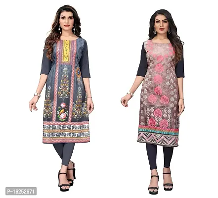 GROWMORE Women's Crepe Digital Print Straight Kurta(Pack of 2) (S, Grey  Light Salmon Green)-thumb0