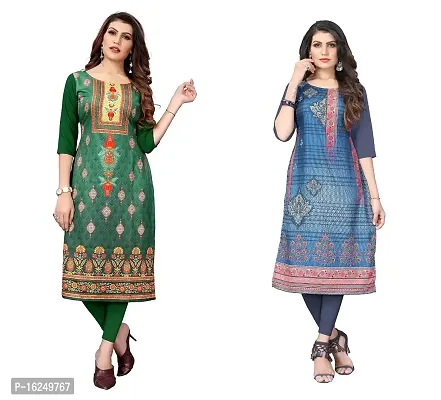 GROWMORE Women's Crepe Digital Print Straight Kurta(Pack of 2) (XXL, Green  Grey)-thumb0