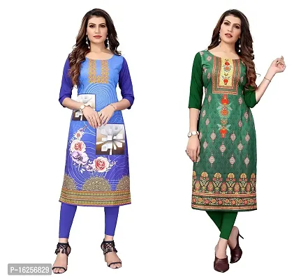 GROWMORE Women's Crepe Digital Print Straight Kurta(Pack of 2) (M, Blue  Green)-thumb0