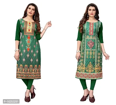 GROWMORE Women's Crepe Digital Print Straight Kurta(Pack of 2) (S, Green  Green)-thumb0